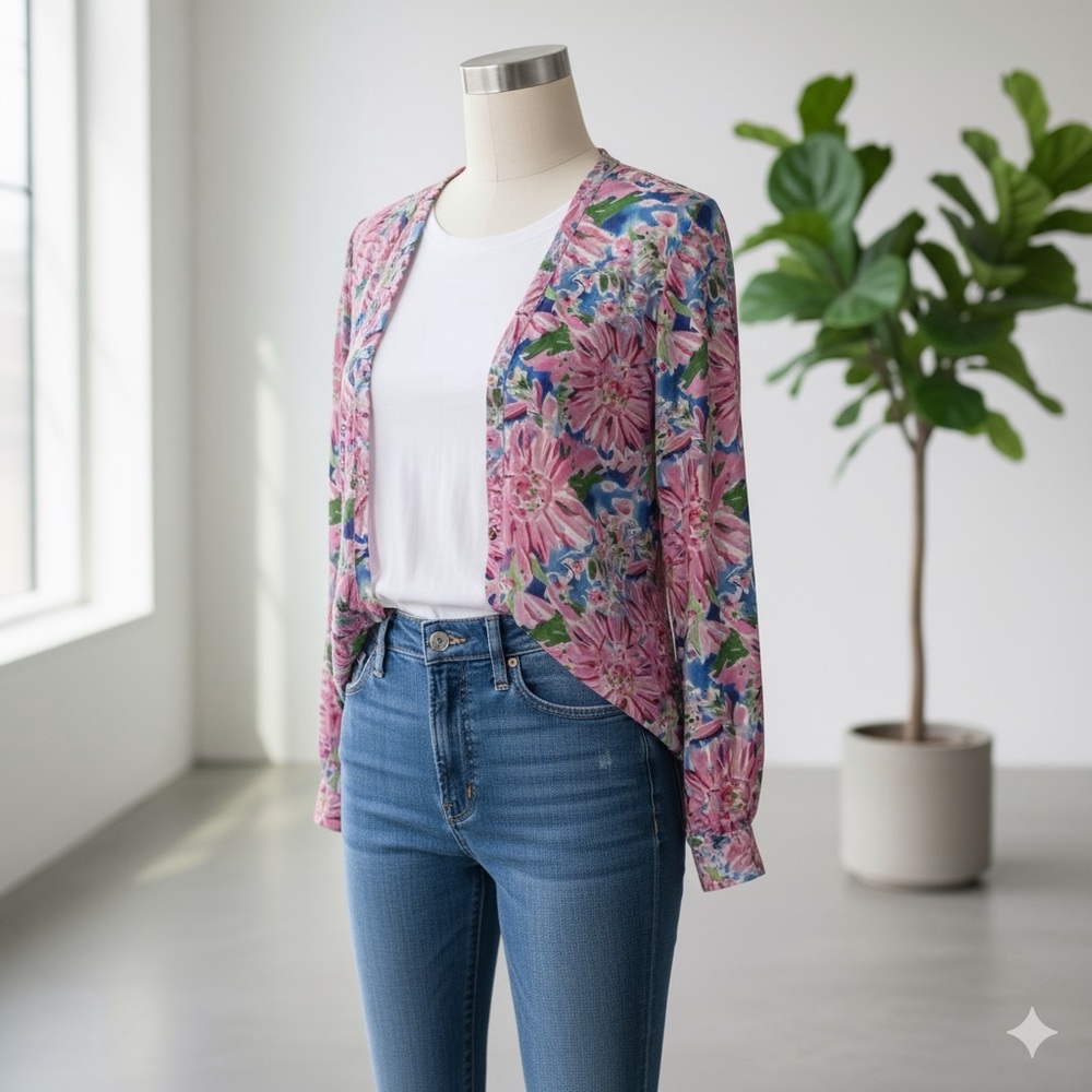 Bright Floral Open Front Cardigan - Pink & Blue Botanical Print - Lightweight